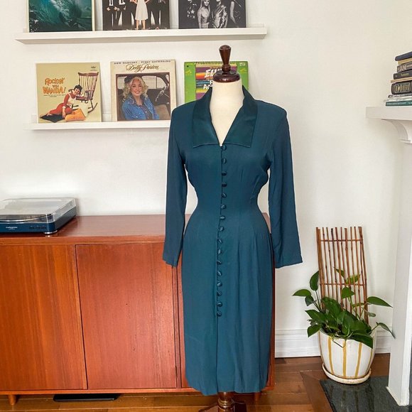 80s Vintage Jade Green Button Down Pencil Dress Size S - Picture 4 of 6